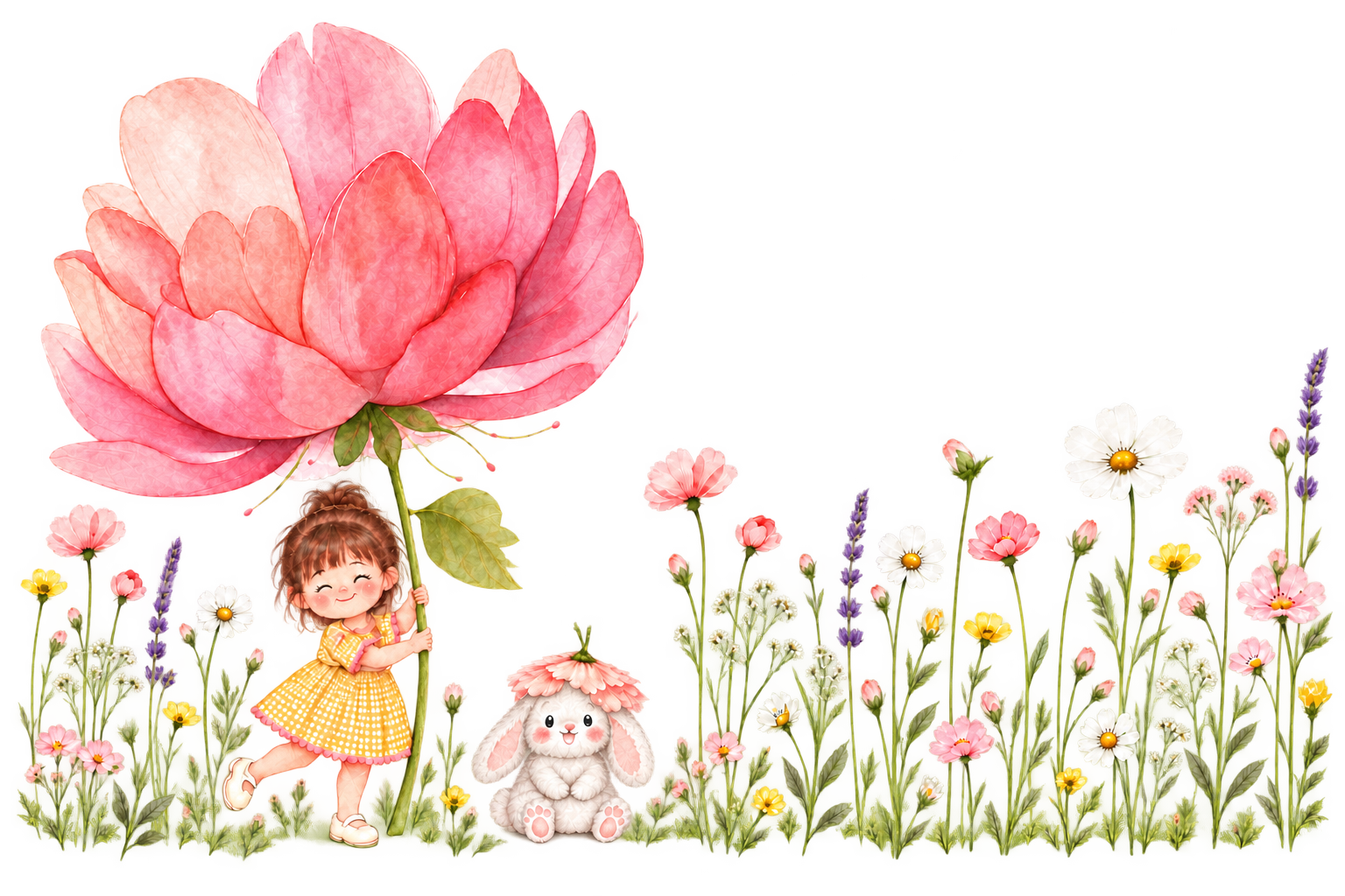 Sienna in her yellow gingham dress holds a large pink flower. Bitbit sits beside her in a pink petal hat, surrounded by delicate wildflowers.