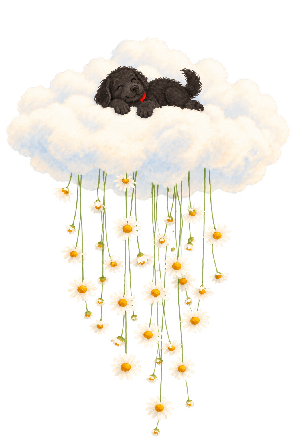 MJ resting peacefully on a cloud, with long green stems and daisies hanging beneath.